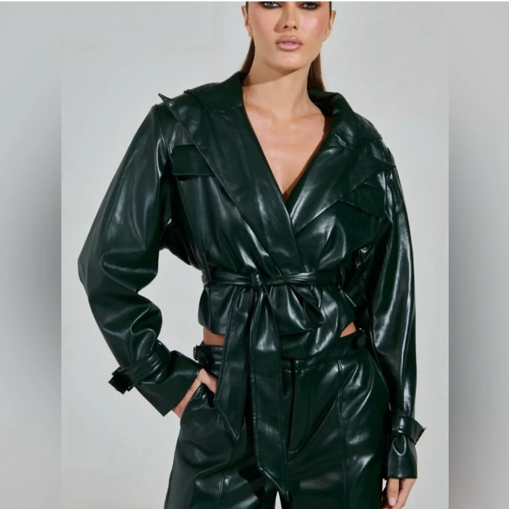 AKIRA Deep Green Faux Leather Butter Soft Jacket with Hood - Picture 2 of 4